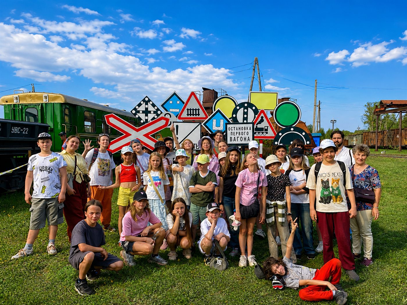 Группа ребят в железнодорожном музее под открытым небом